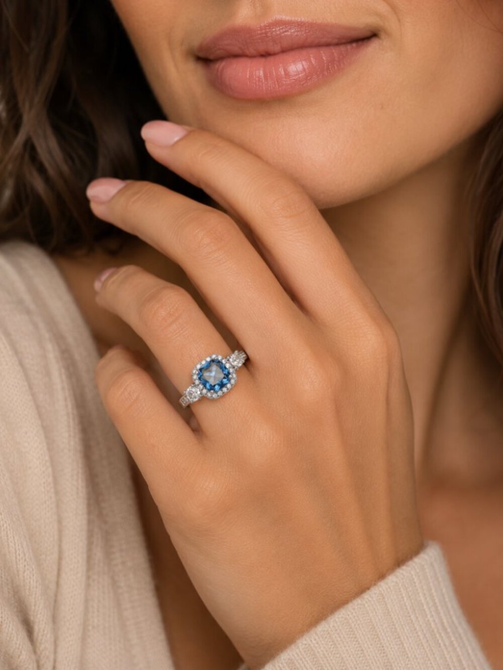14k White Gold Diamond Blue Sapphire Diamond Ring Band